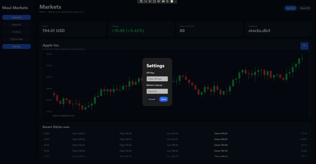 MAUI  Trading App Settings Screen